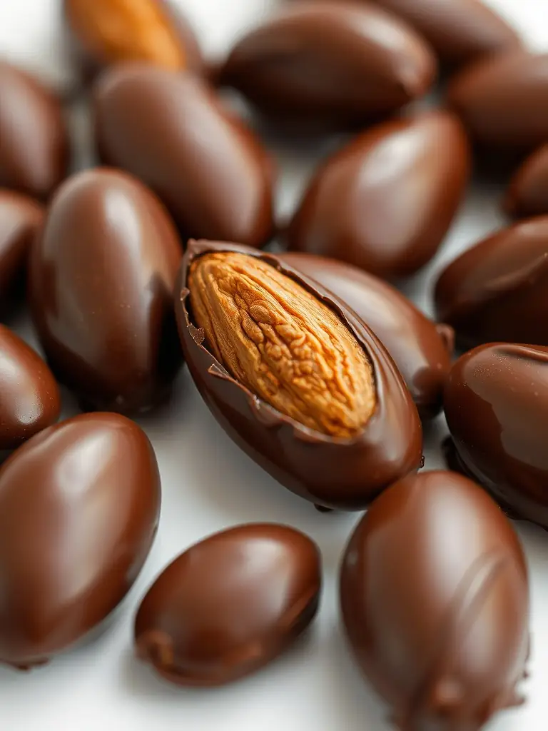 Image of Chocolate-Covered Almonds, highlighting the combination of crunchy roasted almonds and smooth, rich chocolate, emphasizing their satisfying texture and flavor.