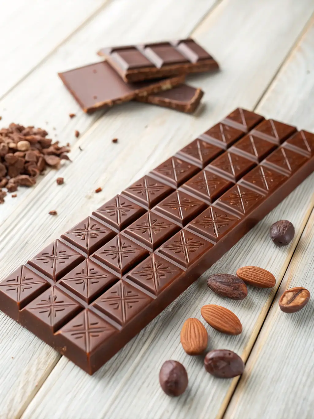 Close-up of a Dark Mushroom-Infused Chocolate Bar, showcasing the rich dark chocolate and visible bits of medicinal mushrooms, emphasizing its unique blend of flavor and health benefits.