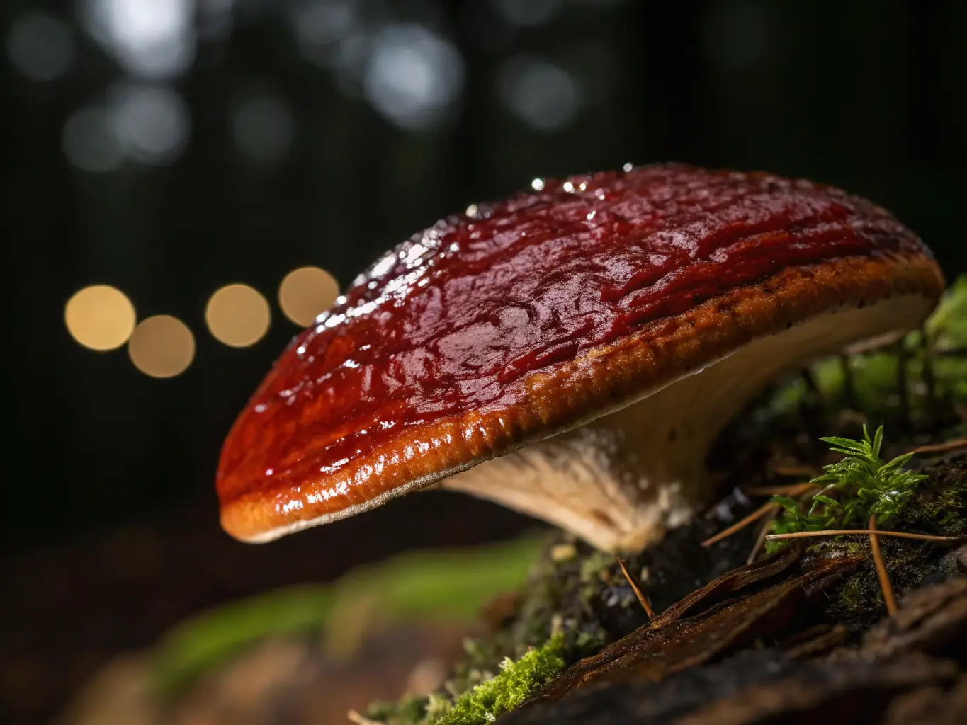 A close-up shot of a reishi mushroom, showcasing its unique texture and earthy tones, with a soft, diffused light highlighting its natural beauty. The image is intended to convey the natural health benefits of reishi mushrooms.
