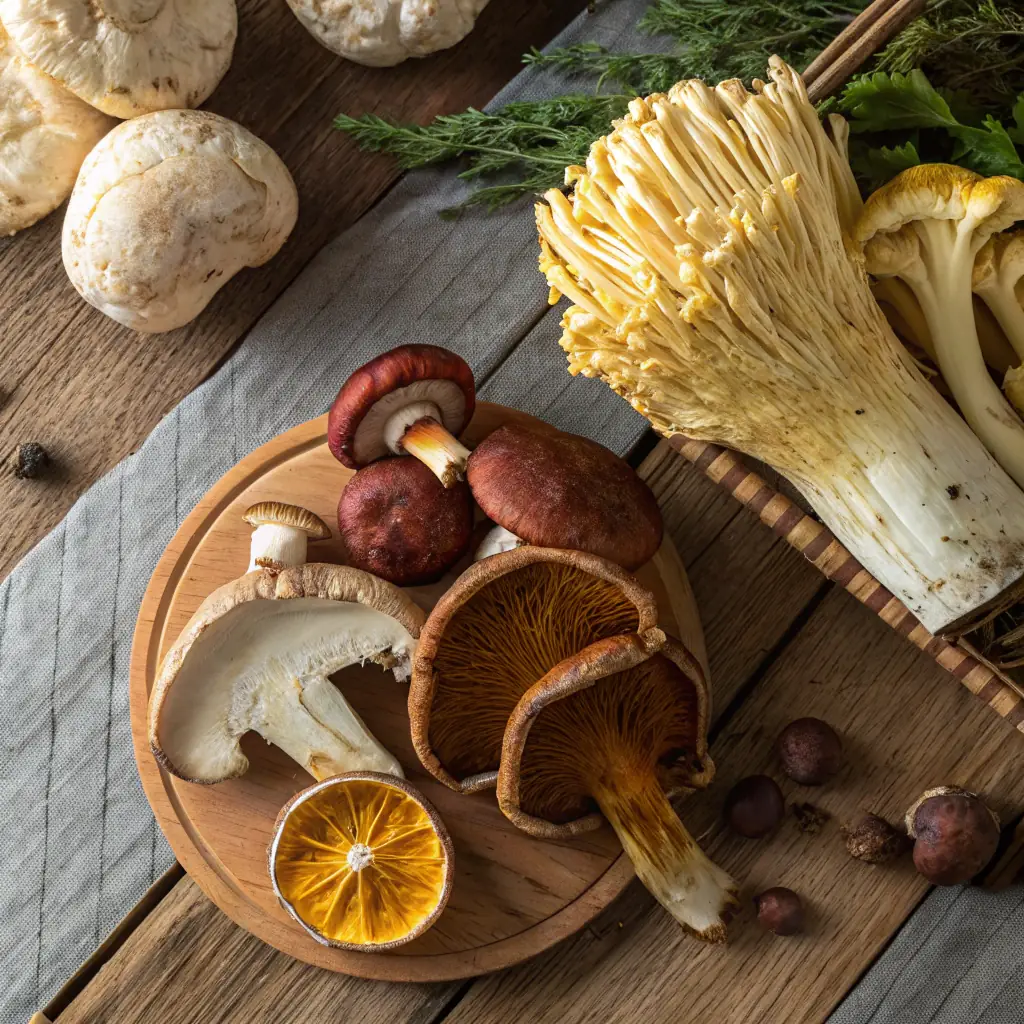 Close-up of medicinal mushrooms, highlighting their natural texture and earthy colors, set against a backdrop of lush greenery.
